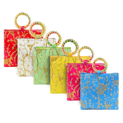 AT Ankit Traders Women Potli Bags Pack of 6 | Gifting Potli with Zip & Bangle Handle | Traditional Shagun Return Gifts Potli for Mehandi, Haldi, Baby Shower, Wedding, Sangeet (Embroidered) - Image 1