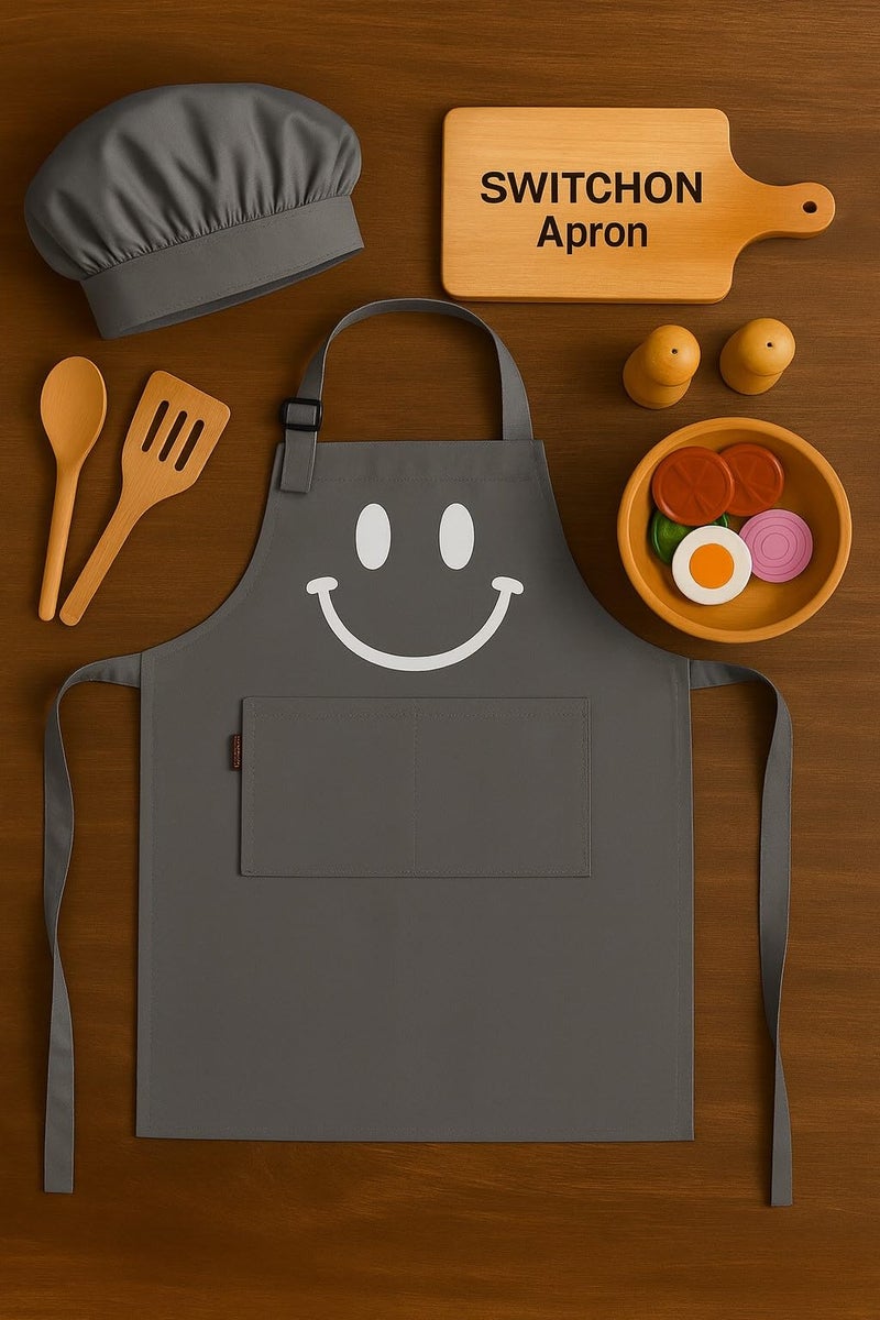 Switchon Polyester Waterproof Adjustable Kids Multi purpose Cooking Apron with a chef cap School Apron - Proudly made in india (Grey, 6Yrs to 11 Yrs) - Image 4