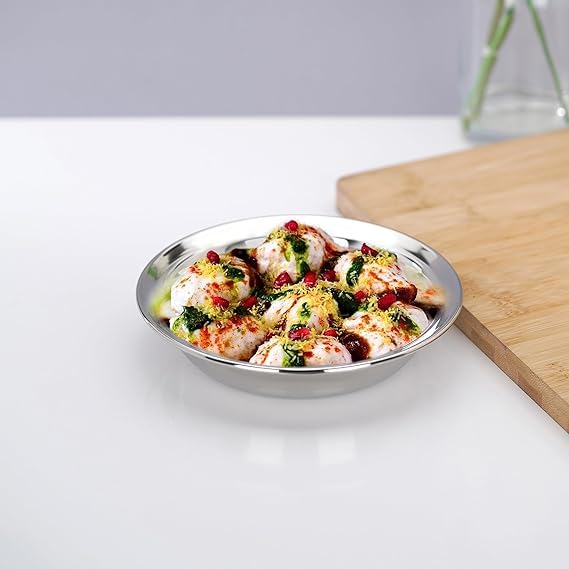TANISHI KITCHEN'S TANISHI KITCHENS Stainless Steel Holi Special Round Snack Plate Pack of 3 180 ml Each Dia 16 cm Silver Colour - Image 4