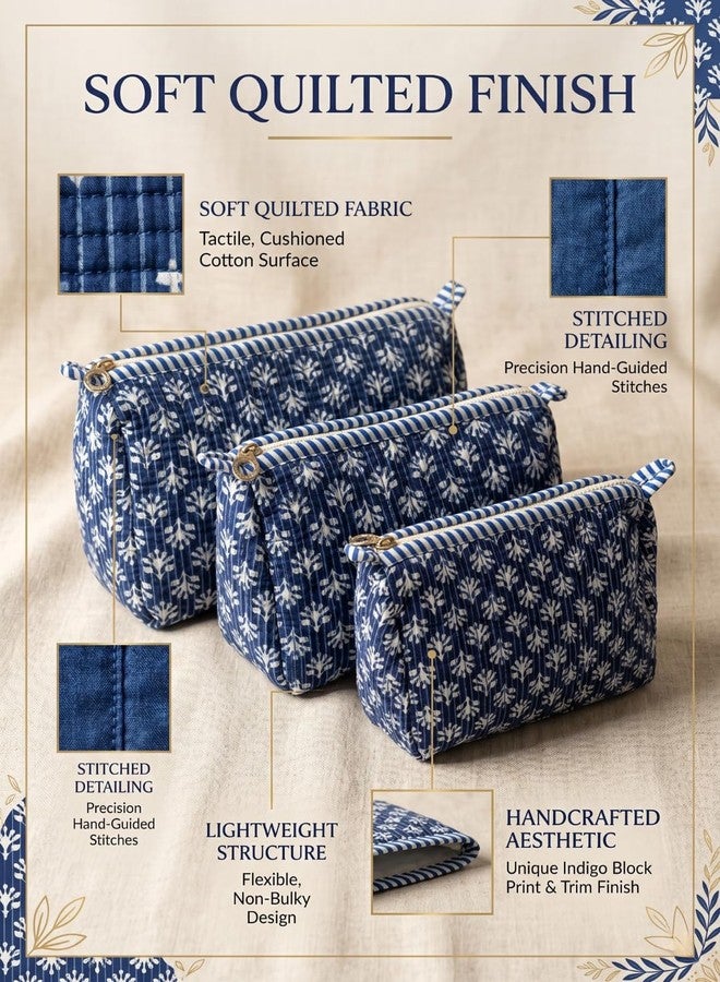 Doraya Hand Block Printed Cotton Quilted Floral Toiletry Bag 3 Piece Combo Set Waterproof Traveller Cosmetic Bags (Blue 4) - Image 3