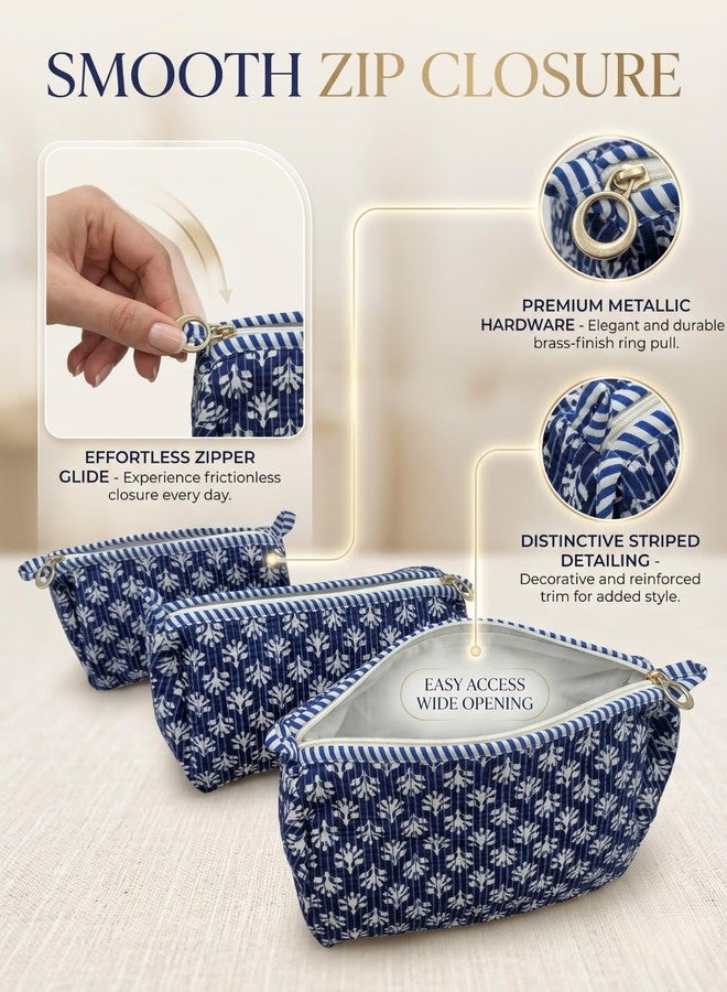 Doraya Hand Block Printed Cotton Quilted Floral Toiletry Bag 3 Piece Combo Set Waterproof Traveller Cosmetic Bags (Blue 4) - Image 2