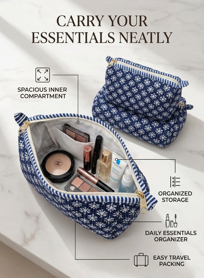 Doraya Hand Block Printed Cotton Quilted Floral Toiletry Bag 3 Piece Combo Set Waterproof Traveller Cosmetic Bags (Blue 4) - Image 4