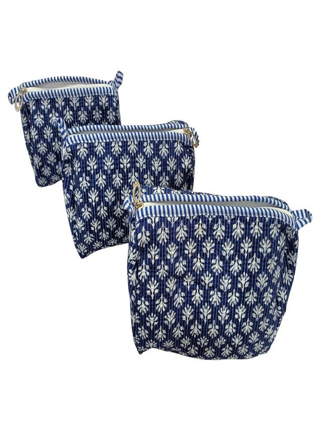 Doraya Hand Block Printed Cotton Quilted Floral Toiletry Bag 3 Piece Combo Set Waterproof Traveller Cosmetic Bags (Blue 4) - Image 1