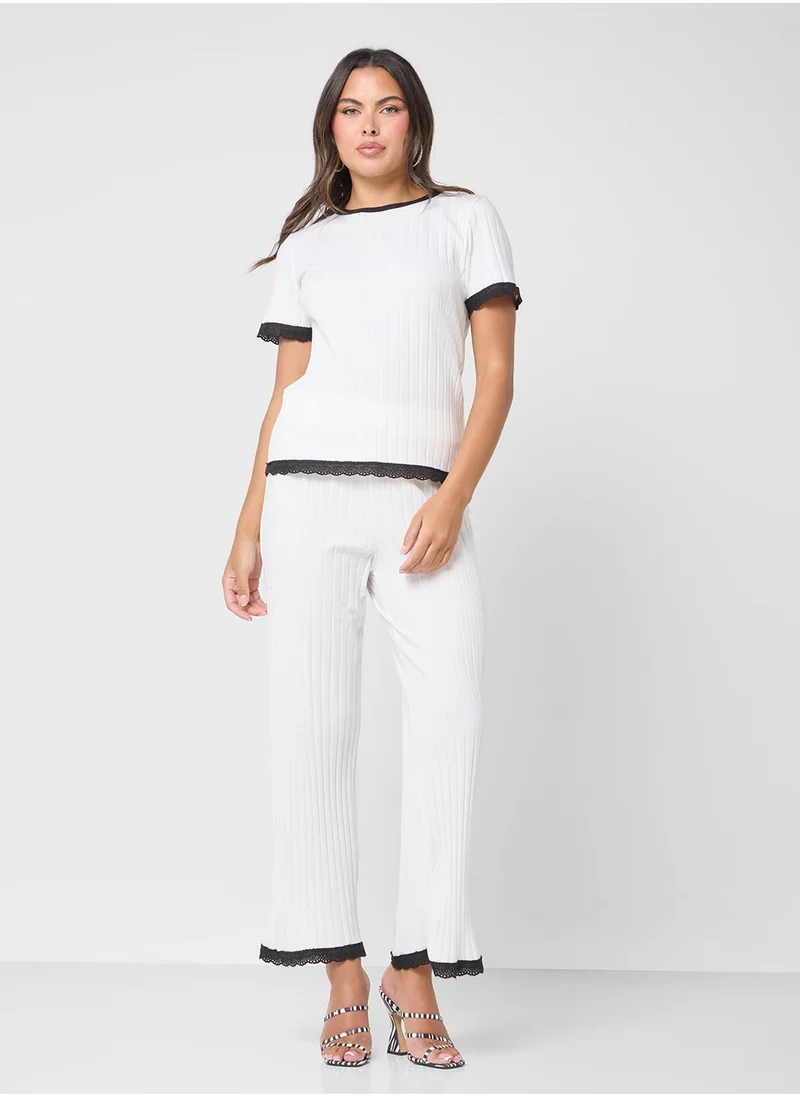 Ginger Ribbed T-Shirt & Pant Coord Set With Contrast Trims