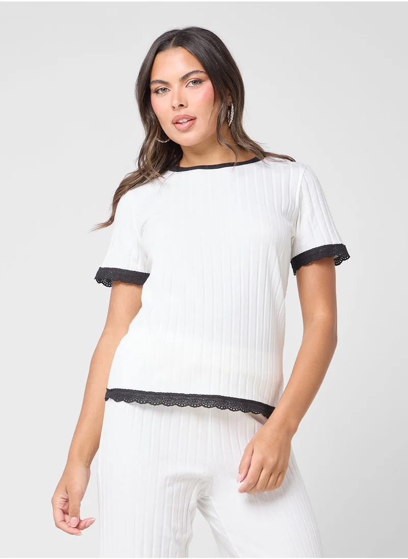 Ginger Ribbed T-Shirt & Pant Coord Set With Contrast Trims