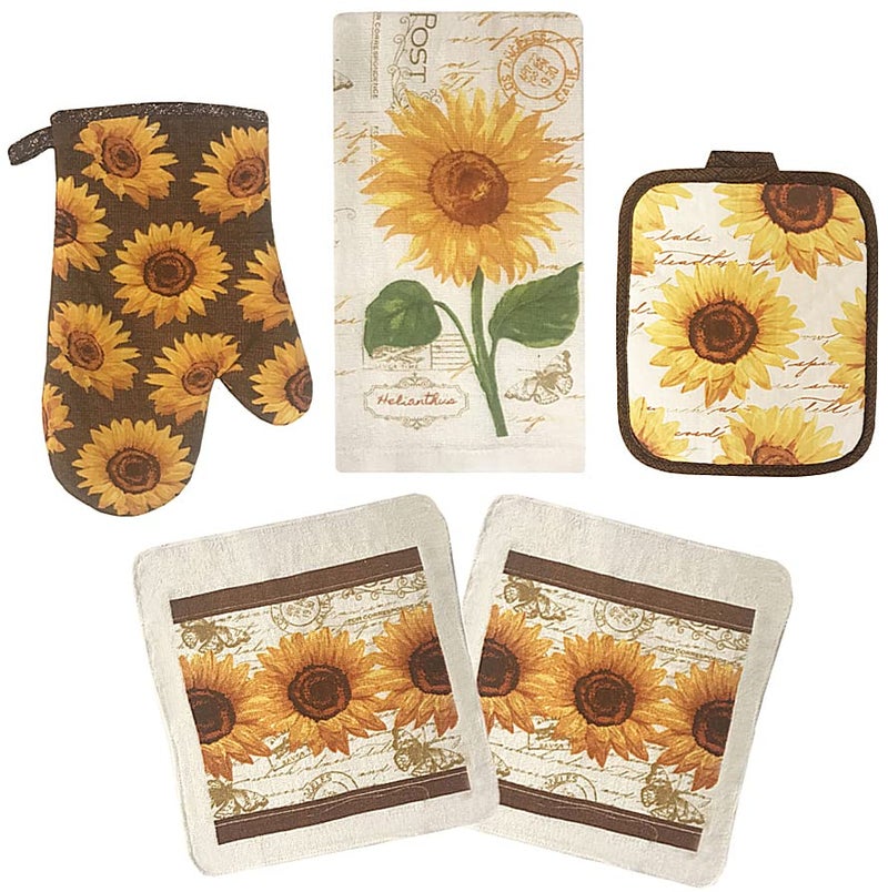 American Linen American Linen Sunflower Decor Set Oven Mitts and Pot Holders  Kitchen Towels and Dish Cloths Sets  Oven Mitts  Tea Towels  Dish Cloths Set