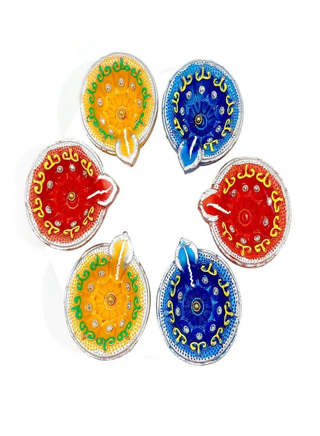 مجموعة من 6 مصابيح ديوالي بتصميم تقليدي. تُستخدم هذه المصابيح الملونة في احتفالات ديوالي منذ قرون. مصابيح طينية ملونة خاصة بعيد ديوالي، تُعدّ زينة مثالية لغرفة الصلاة في المعبد ولجميع الأعياد مثل ديوالي. - Image 1