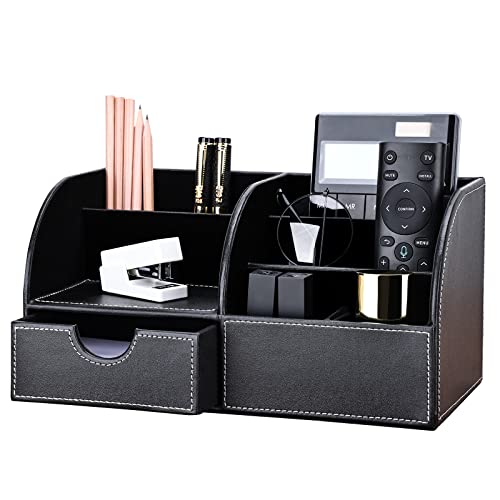 KINGFOM Pu Leather Desk Organizer Pen Pencil Holder Office Supplies Caddy Storage Box 6 Compartments with Drawer Black - Image 1