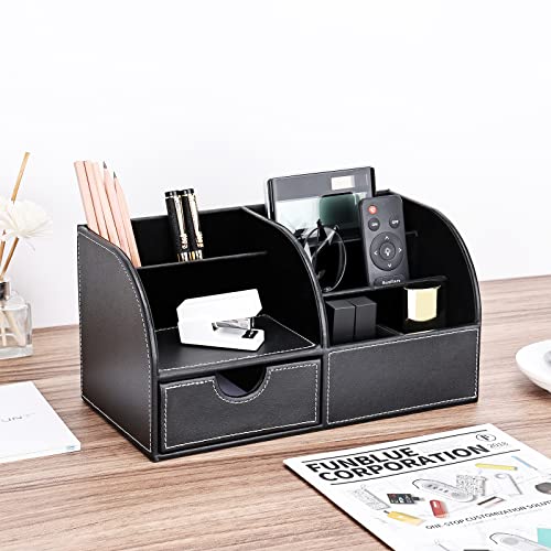 KINGFOM Pu Leather Desk Organizer Pen Pencil Holder Office Supplies Caddy Storage Box 6 Compartments with Drawer Black - Image 2