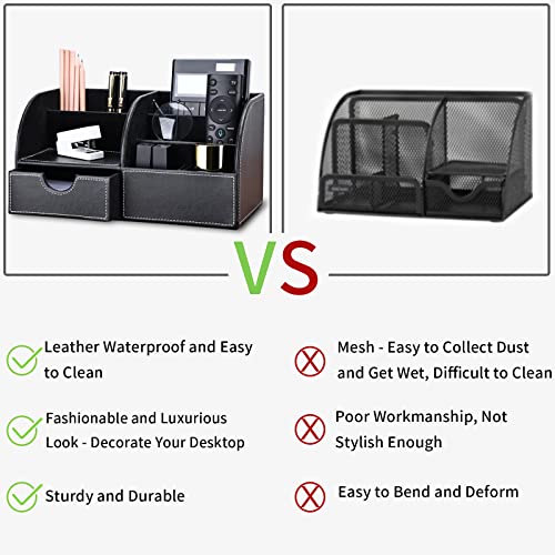 KINGFOM Pu Leather Desk Organizer Pen Pencil Holder Office Supplies Caddy Storage Box 6 Compartments with Drawer Black - Image 4