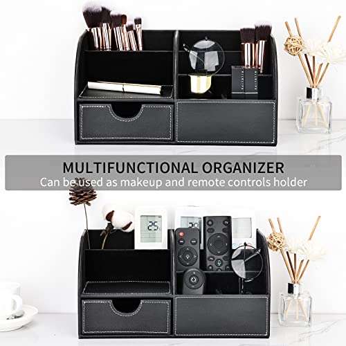 KINGFOM Pu Leather Desk Organizer Pen Pencil Holder Office Supplies Caddy Storage Box 6 Compartments with Drawer Black - Image 5