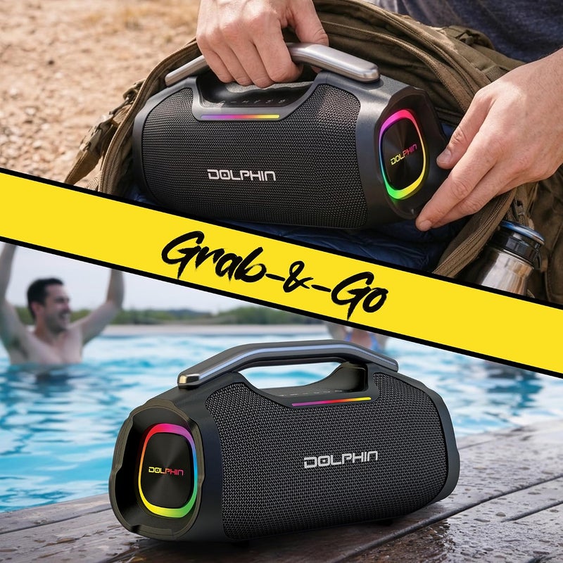 Dolphin Portable Bluetooth Party Speaker - 55W RMS, Deep Bass, RGB LED Lights, USB-C Rechargeable, WaveSync, AUX & USB Playback, 1/4" Mic Input for Karaoke, LX-440, 12.87" x 5.24" x 6.5", Black - Image 4