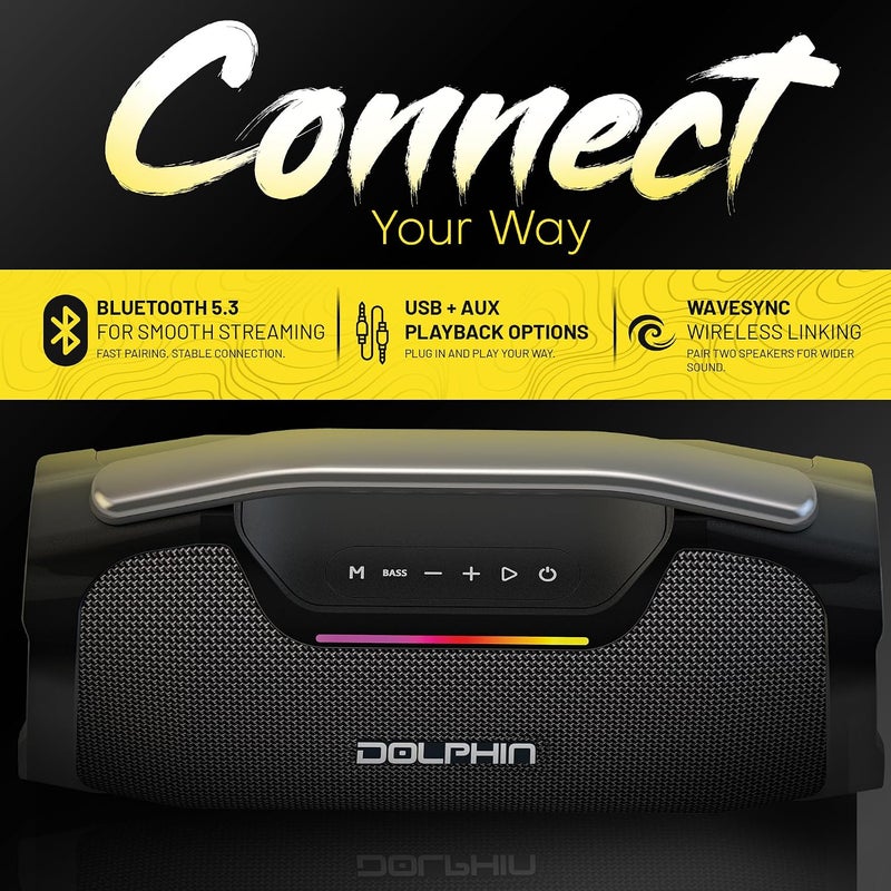 Dolphin Portable Bluetooth Party Speaker - 55W RMS, Deep Bass, RGB LED Lights, USB-C Rechargeable, WaveSync, AUX & USB Playback, 1/4" Mic Input for Karaoke, LX-440, 12.87" x 5.24" x 6.5", Black - Image 2
