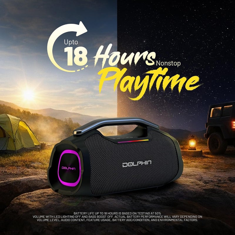 Dolphin Portable Bluetooth Party Speaker - 55W RMS, Deep Bass, RGB LED Lights, USB-C Rechargeable, WaveSync, AUX & USB Playback, 1/4" Mic Input for Karaoke, LX-440, 12.87" x 5.24" x 6.5", Black - Image 3