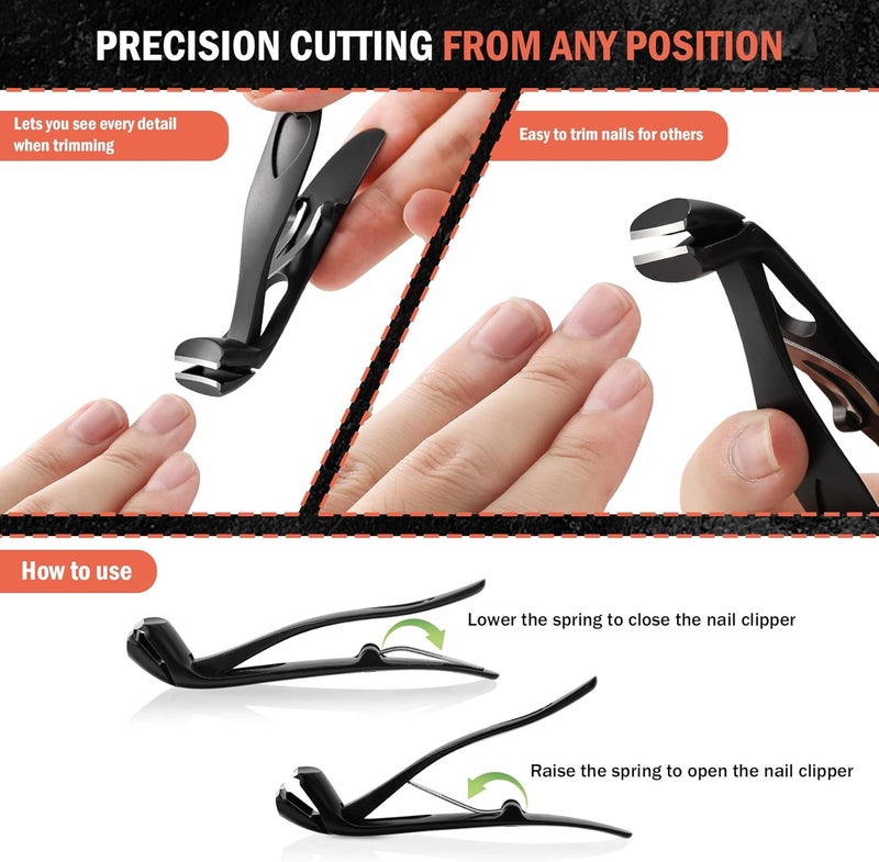 BEZOX Angled Head Nail Clippers for Seniors - Ergonomic Toenail Clipper for Thick Nails, Premium Steel Nail Cutter Trimmer with Catcher for Men and Women - Black - Image 3