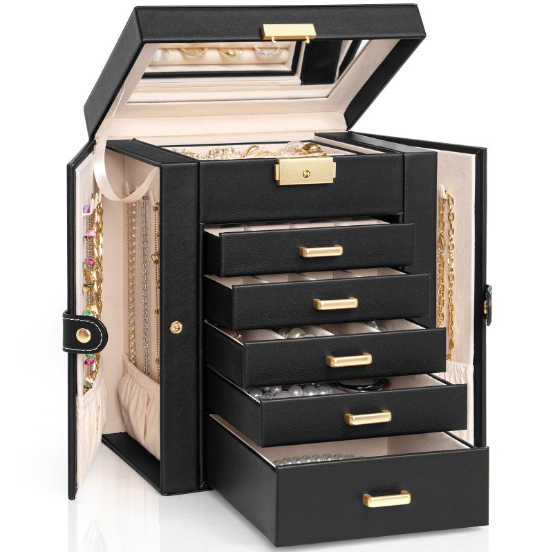 AKOZLIN 6Tier Jewelry Box Lockable Leather Jewelry Storage Case with 5 Drawers for Women Girls Ring Necklace Earring Bracelet Holder Organizer with Mirror - Image 2