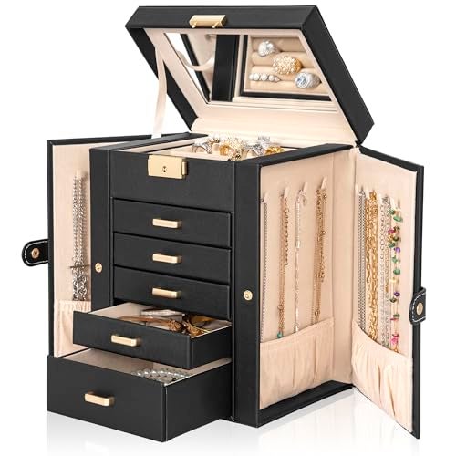 AKOZLIN 6Tier Jewelry Box Lockable Leather Jewelry Storage Case with 5 Drawers for Women Girls Ring Necklace Earring Bracelet Holder Organizer with Mirror - Image 3