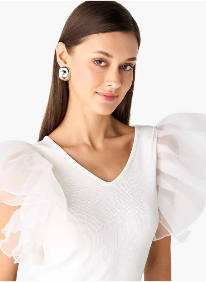 2Xtremz 2Xtremz Textured V-neck Top with Layered Sleeves