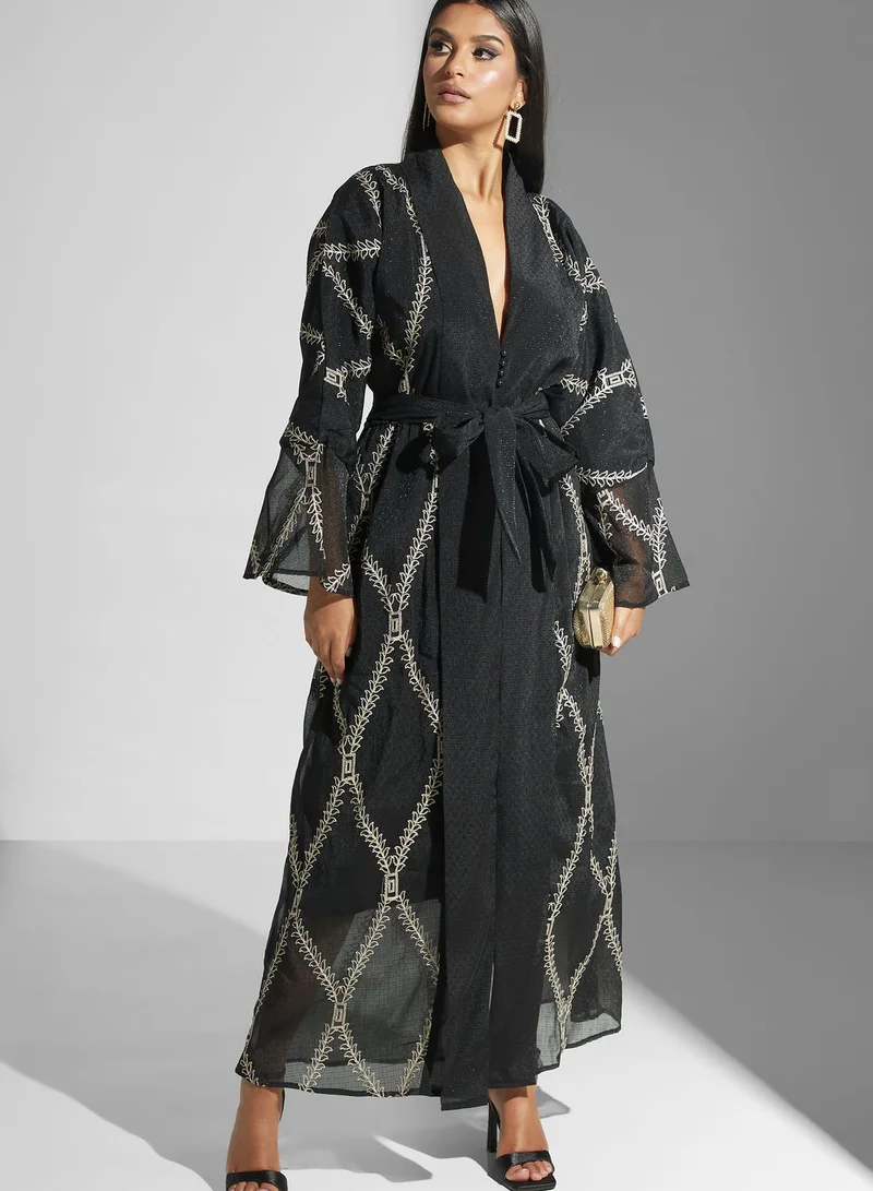 hayas closet Mesh Embellished Ruffle Sleeve Dress