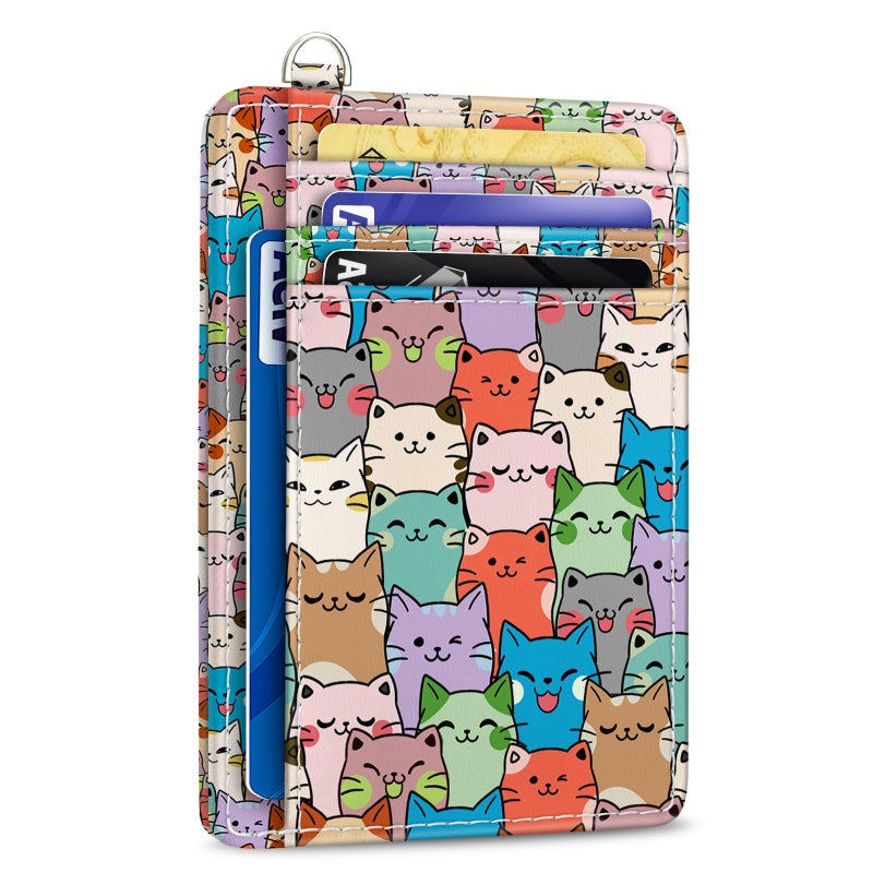 Yonlevres Cat Credit Card Holder Slim Wallet, RFID Wallet Women Front Pocket Small Card Holder, Travel Cute Funny Thin ID Window PU Leather RFID Blocking Case Organizer Gift Girls Ladies - Image 1