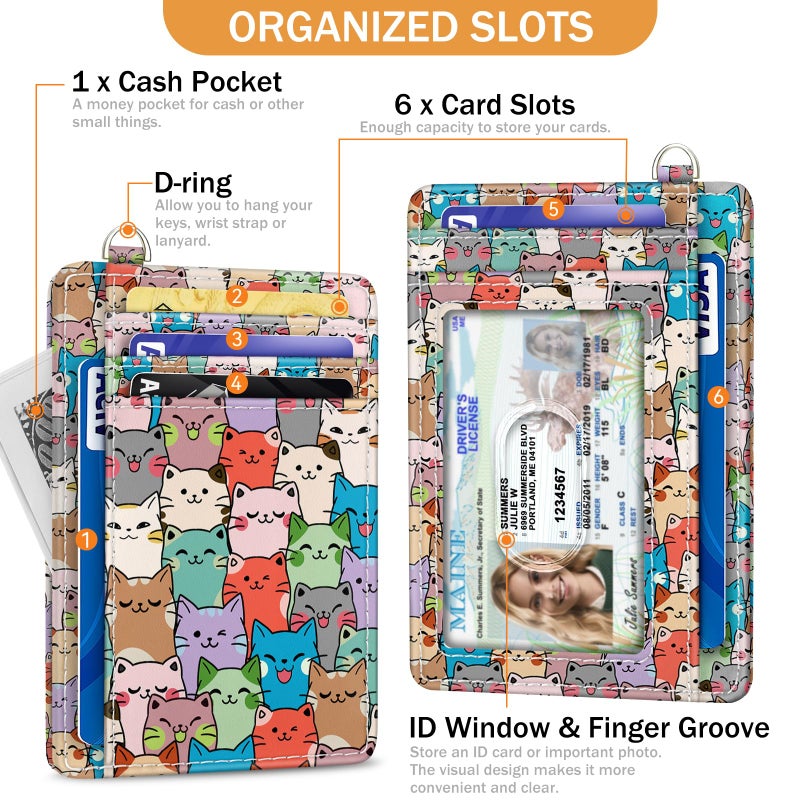 Yonlevres Cat Credit Card Holder Slim Wallet, RFID Wallet Women Front Pocket Small Card Holder, Travel Cute Funny Thin ID Window PU Leather RFID Blocking Case Organizer Gift Girls Ladies - Image 4