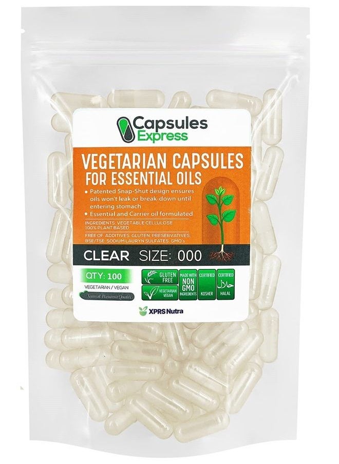Size 000 Empty Vegan Capsules - 100 Count Clear Veggie Capsules for Essential Oils - Empty Vegetable Capsules for Essential Oils - DIY Oil Filling Works with Most Essential Oils