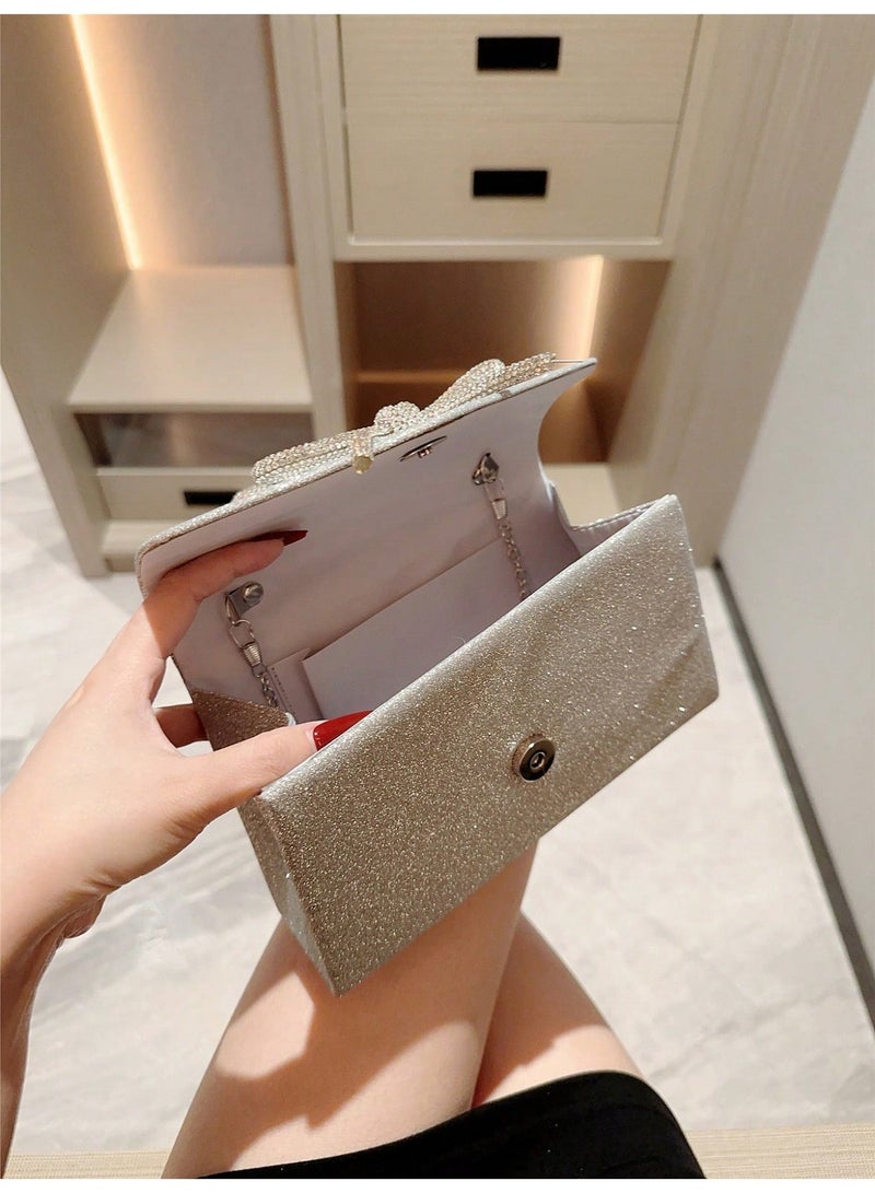 Women's Silver Glitter Evening Clutch Bag with Crystal Bow and Braided Handle - Image 5