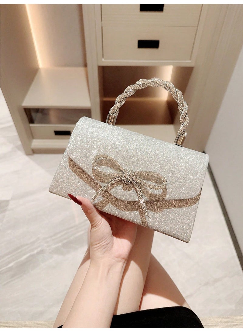 Women's Silver Glitter Evening Clutch Bag with Crystal Bow and Braided Handle - Image 3