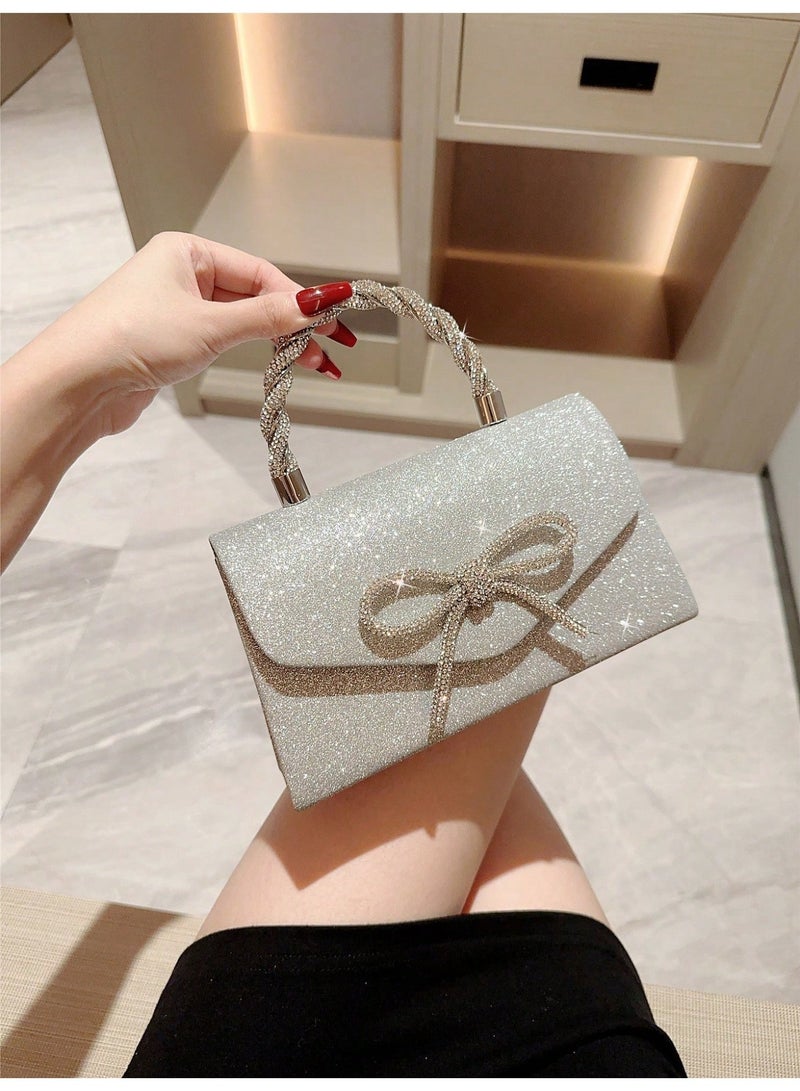 Women's Silver Glitter Evening Clutch Bag with Crystal Bow and Braided Handle - Image 2