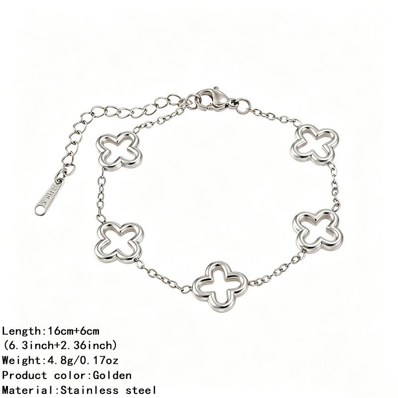 Luxury Stainless Steel Four-Leaf Clover Bracelet with 18K Gold Plating and Zirconia - Elegant, Versatile, and Trendy