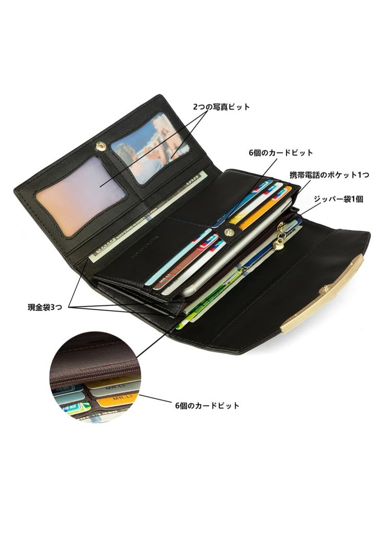 KASTWAVE Womens Wallet, Genuine Leather Long Three Fold Wallet, Elegant Slim Card Holder, Bright Leather Large Capacity Buckle, Credit Card Holder, Circled Embossed Pattern, RFID and Magnetic Anti Theft, Black - Image 2