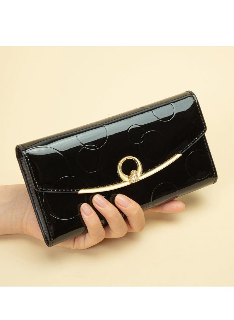 KASTWAVE Womens Wallet, Genuine Leather Long Three Fold Wallet, Elegant Slim Card Holder, Bright Leather Large Capacity Buckle, Credit Card Holder, Circled Embossed Pattern, RFID and Magnetic Anti Theft, Black - Image 5