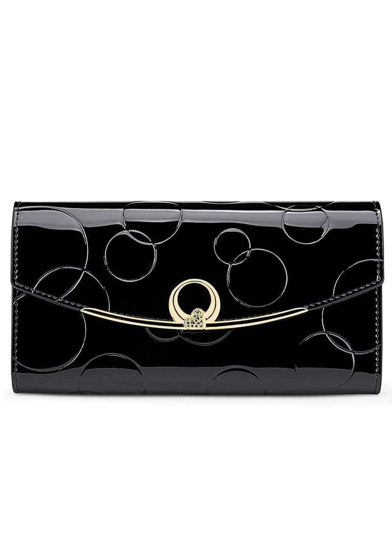 KASTWAVE Womens Wallet, Genuine Leather Long Three Fold Wallet, Elegant Slim Card Holder, Bright Leather Large Capacity Buckle, Credit Card Holder, Circled Embossed Pattern, RFID and Magnetic Anti Theft, Black - Image 1