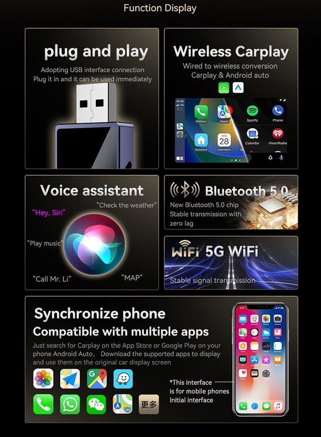 TUNKE Upgrade Wireless CarPlay Adapter for iPhone – Convert Wired to Wireless CarPlay, Auto-Connect, No Delay, Stable Control Mini Adapter with USB-C & Type-C Extension Cable (Black) - Image 5