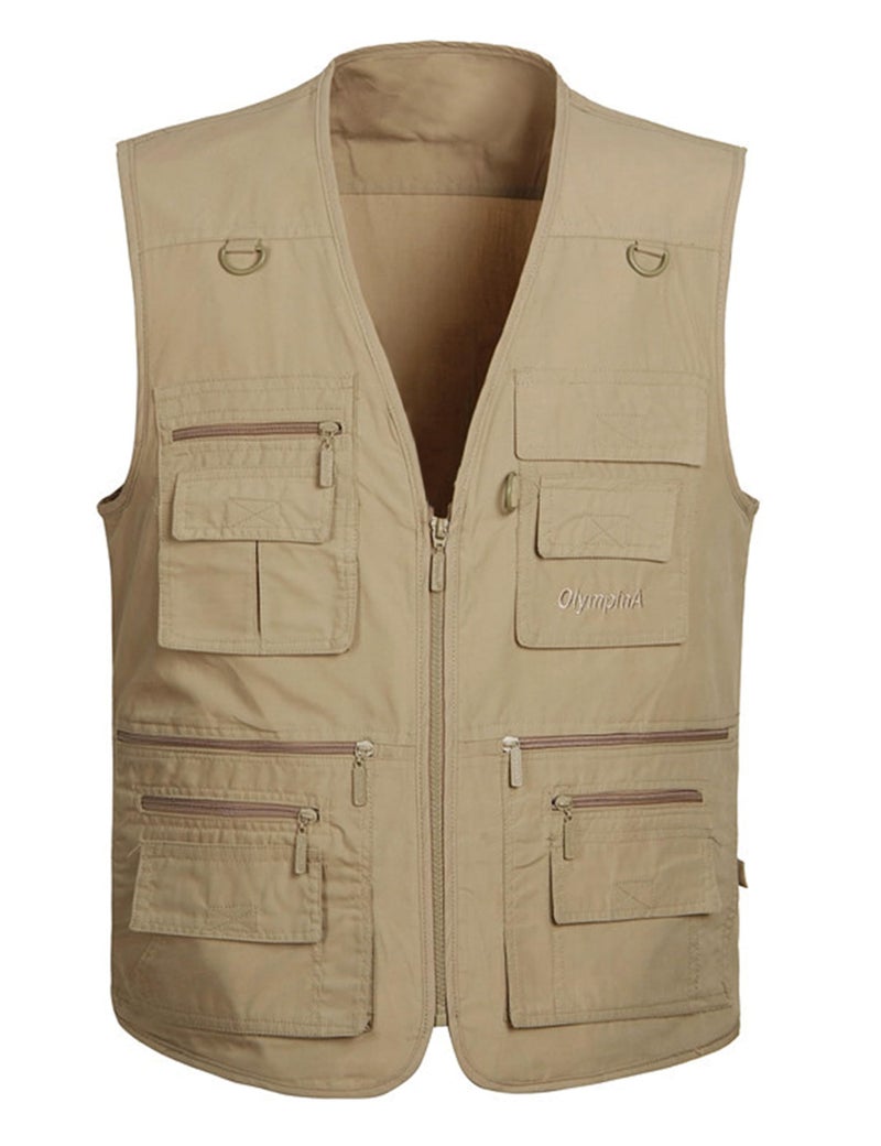 Lentta Mens Fishing Vest Summer Outdoor Work Safari Photo Cargo Vest 14 PocketsPoplinKhakiXXL