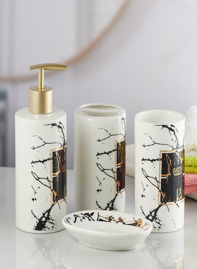 Kookee Ceramic Bathroom Set - Stylish 4 Piece Bath Accessories Kit with Soap Dispenser, Toothbrush Holder, Tumbler & Soap Dish - Modern & Designer Decor for Home & Guest Bathrooms, White/Black (8234) - Image 4