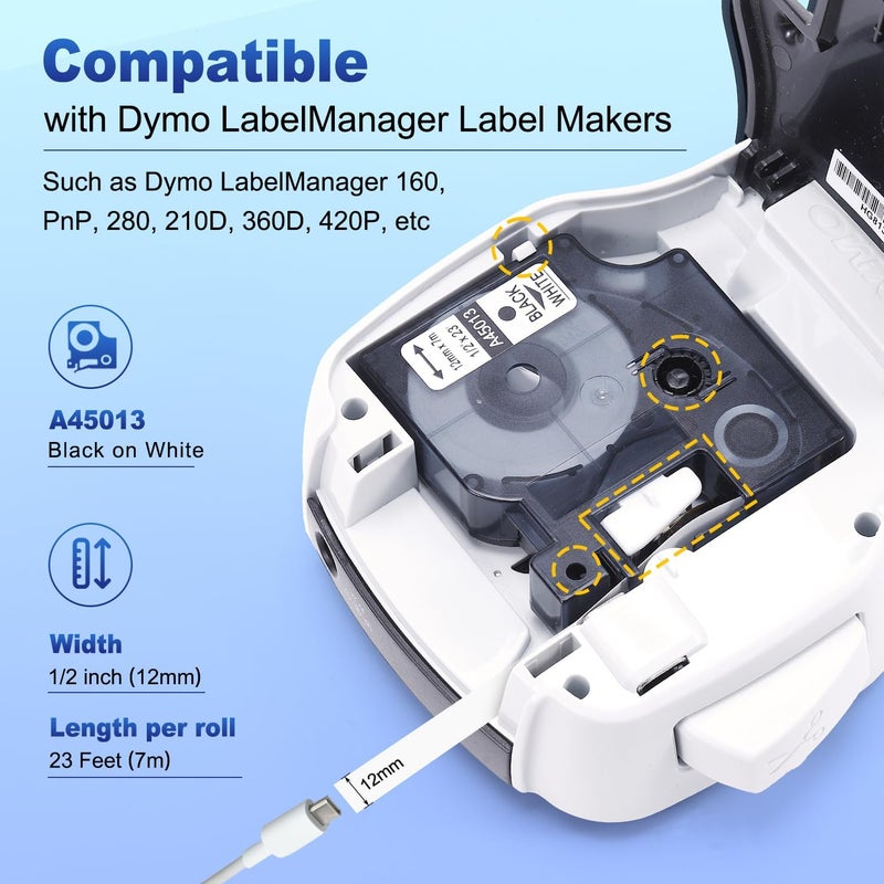 كولور وينج 6-عبوة متوافقة مع شريط ملصقات Dymo D1 45013 1/2 بوصة × 23 قدم بديل لإعادة تعبئة آلة الملصقات DYMO d1 a45013 S0720530 أسود على أبيض 45013s لأجهزة LabelManager 160 280 210D 360D 420P PnP - Image 2