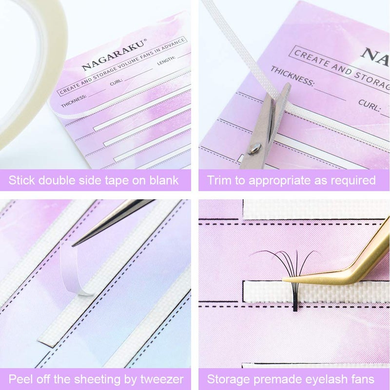NAGARAKU Eyelash Extension Storage Card Premade Fans Volume Lash Storage 2mm Sticky Strip False Eyelashes Paper Card (20 Sheets with 1 Roll Tape) - Image 4