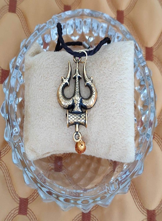 Sullery Lord Elegant Shiv Trishul Damaru Panchmukhi Rushrasha Bead Gold Brass Religious Spiritual Jewellery Pendant Necklace Chain for Men Boys - Image 2