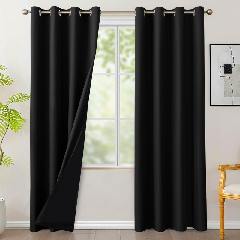 BONZER 100% Blackout Curtains 84 inches Long - 4 Panels Light Blocking Grommet Window Drapes, Single Layer Privacy Room Darkening Curtain with Black Backing for Bedroom/Living Room, Black - Image 1
