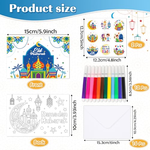 HOWAF 16pcs Eid Mubarak Greeting Cards Ramadan Mubarak Coloring Gift Cards with Stickers Envelopes Paint Pens Ramadan Kareem Gift Cards for Kids Eid Holiday Greeting Cards Eid Mubarak Party Favors - Image 3