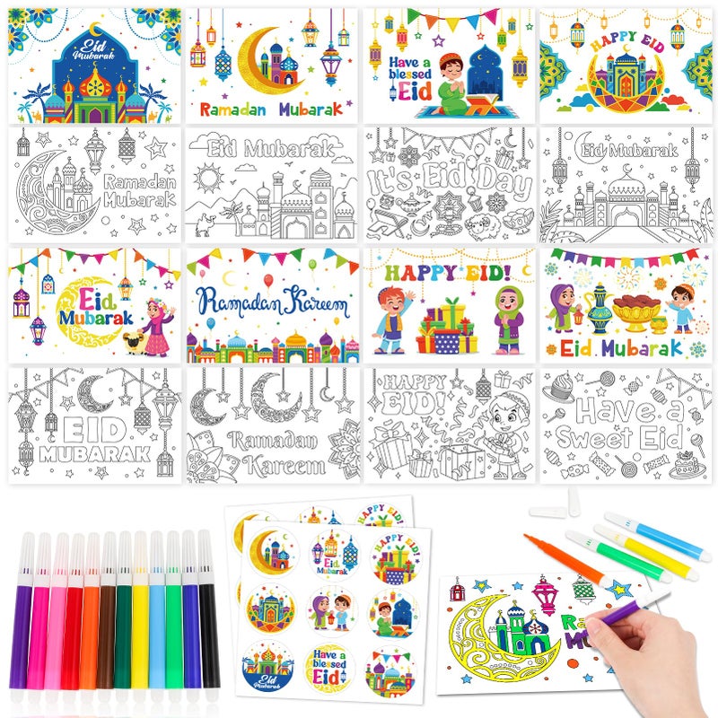 HOWAF 16pcs Eid Mubarak Greeting Cards Ramadan Mubarak Coloring Gift Cards with Stickers Envelopes Paint Pens Ramadan Kareem Gift Cards for Kids Eid Holiday Greeting Cards Eid Mubarak Party Favors - Image 2