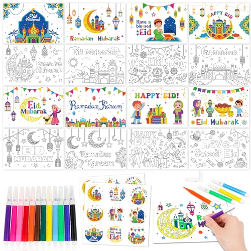 HOWAF 16pcs Eid Mubarak Greeting Cards Ramadan Mubarak Coloring Gift Cards with Stickers Envelopes Paint Pens Ramadan Kareem Gift Cards for Kids Eid Holiday Greeting Cards Eid Mubarak Party Favors - Image 1