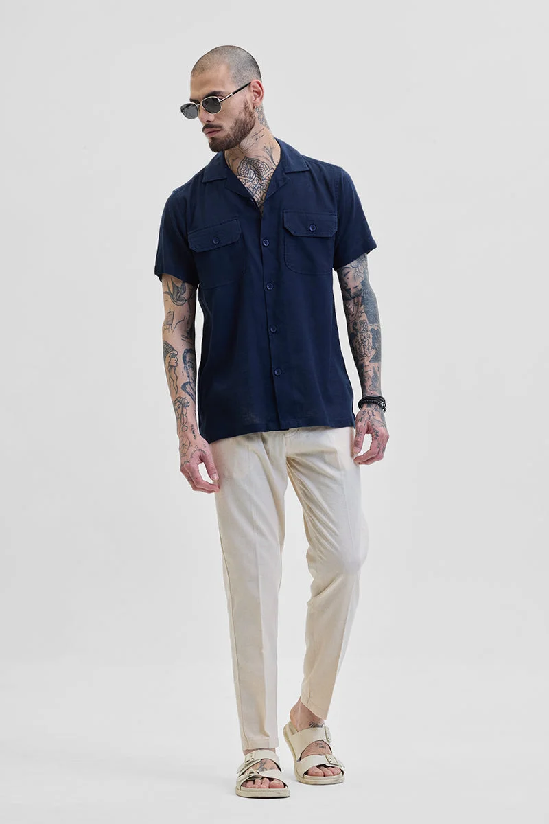 SNITCH Navy Solid Half Sleeve Boxy Casual Shirt