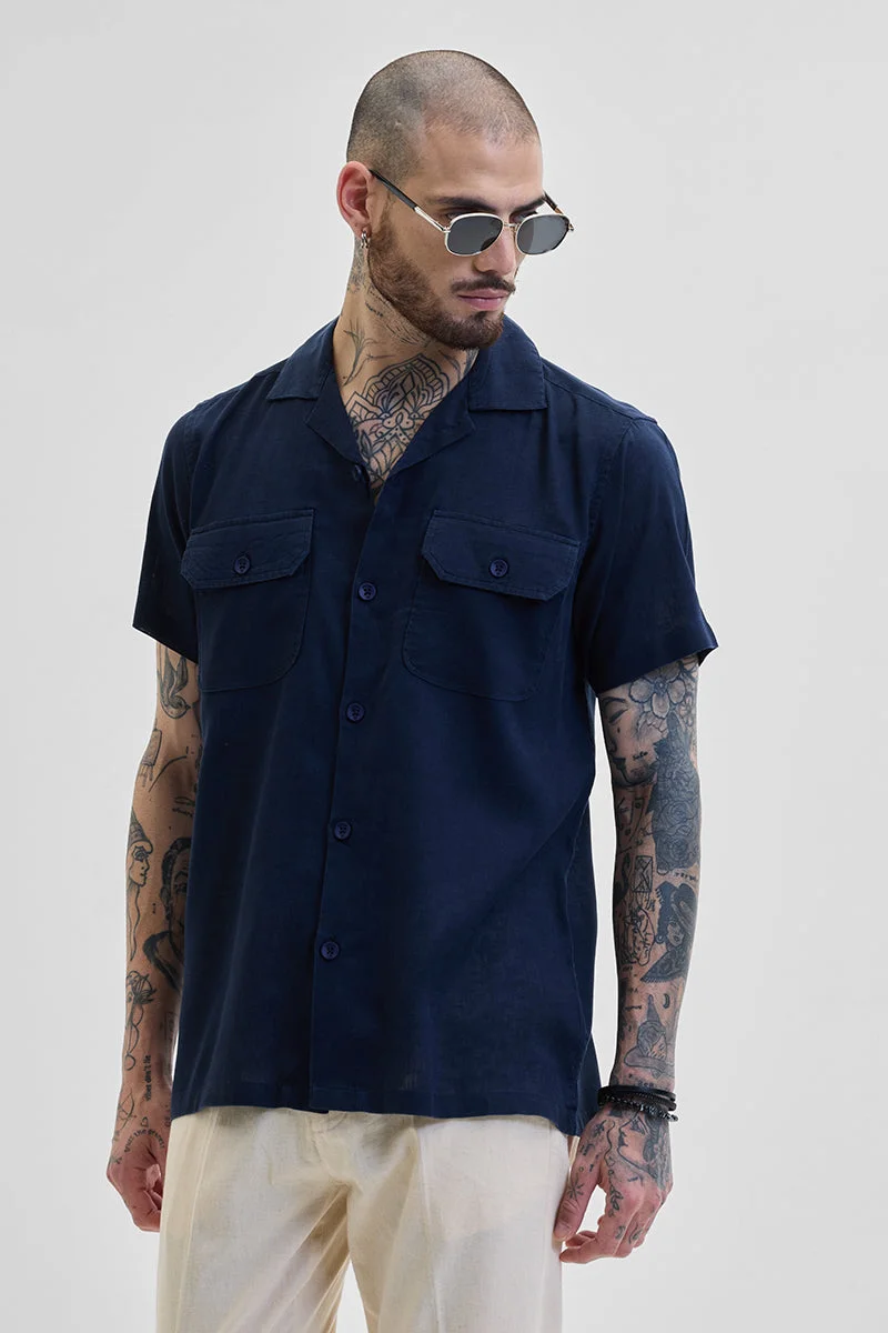 SNITCH Navy Solid Half Sleeve Boxy Casual Shirt