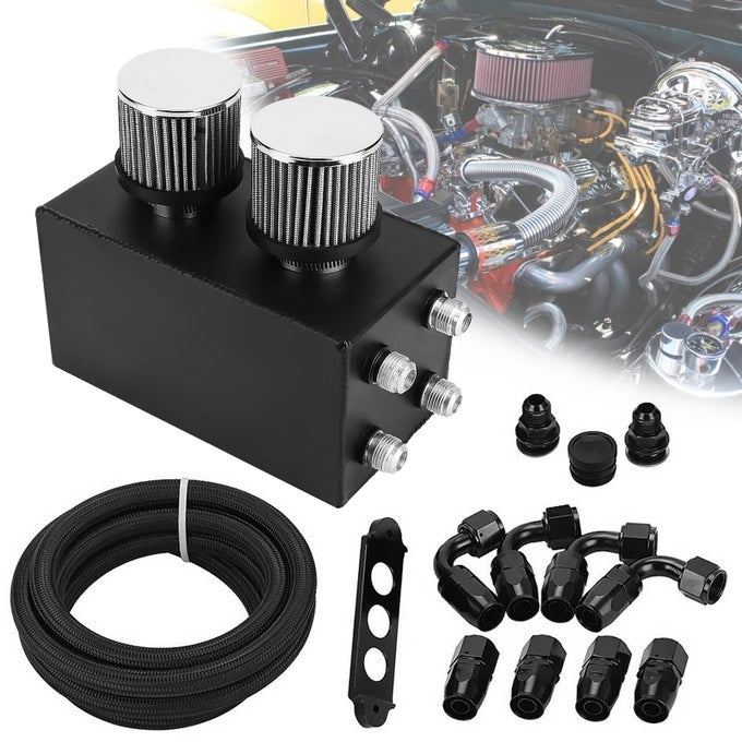4X An10 Oil Catch Can Reservior Tank Baffle Dual Filter Engine Breather Oil Pot Kit Batterysize Compatible With Honda Acura Integra Ek Black