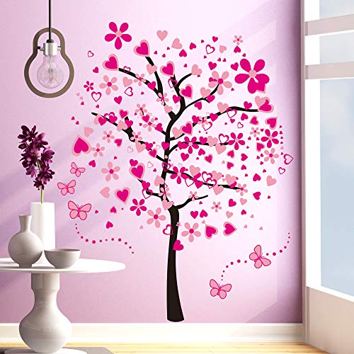 LiveGallery Removable Huge Pink Cartoon Heart Flower Tree Wall Decals Red Butterfly Wall Stickers Home Art Decor for Kids Girls Babys Bedroom Nursery Room Living Room Decorations - Image 1