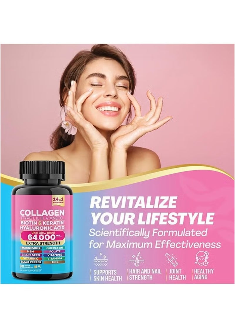 Collagen Collagen Pills Peptides Types I, II, III, V & X MCG Biotin Keratin Hyaluronic Acid MSM Vitamin A Vitamin C Vitamin E Folic Acid Zinc Magnesium with Grape Seed Extract, Quercetin 90 Caps - Image 4