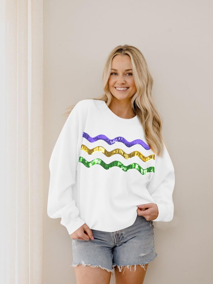 LUKYCILD Mardi Gras Sweatshirt Women Stripes Fat Tuesday Shirt Mask Graphic Carnival Long Sleeve Tee New Orleans Party Top White - Image 3