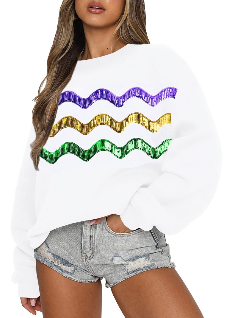 LUKYCILD Mardi Gras Sweatshirt Women Stripes Fat Tuesday Shirt Mask Graphic Carnival Long Sleeve Tee New Orleans Party Top White - Image 1